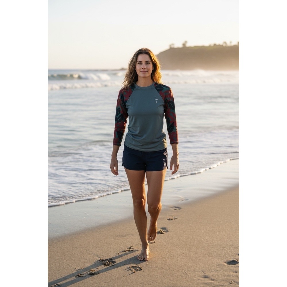 Seea Swim Women's Medium UV Protection Palomar Top Rash Guard Grey Floral Sleeve